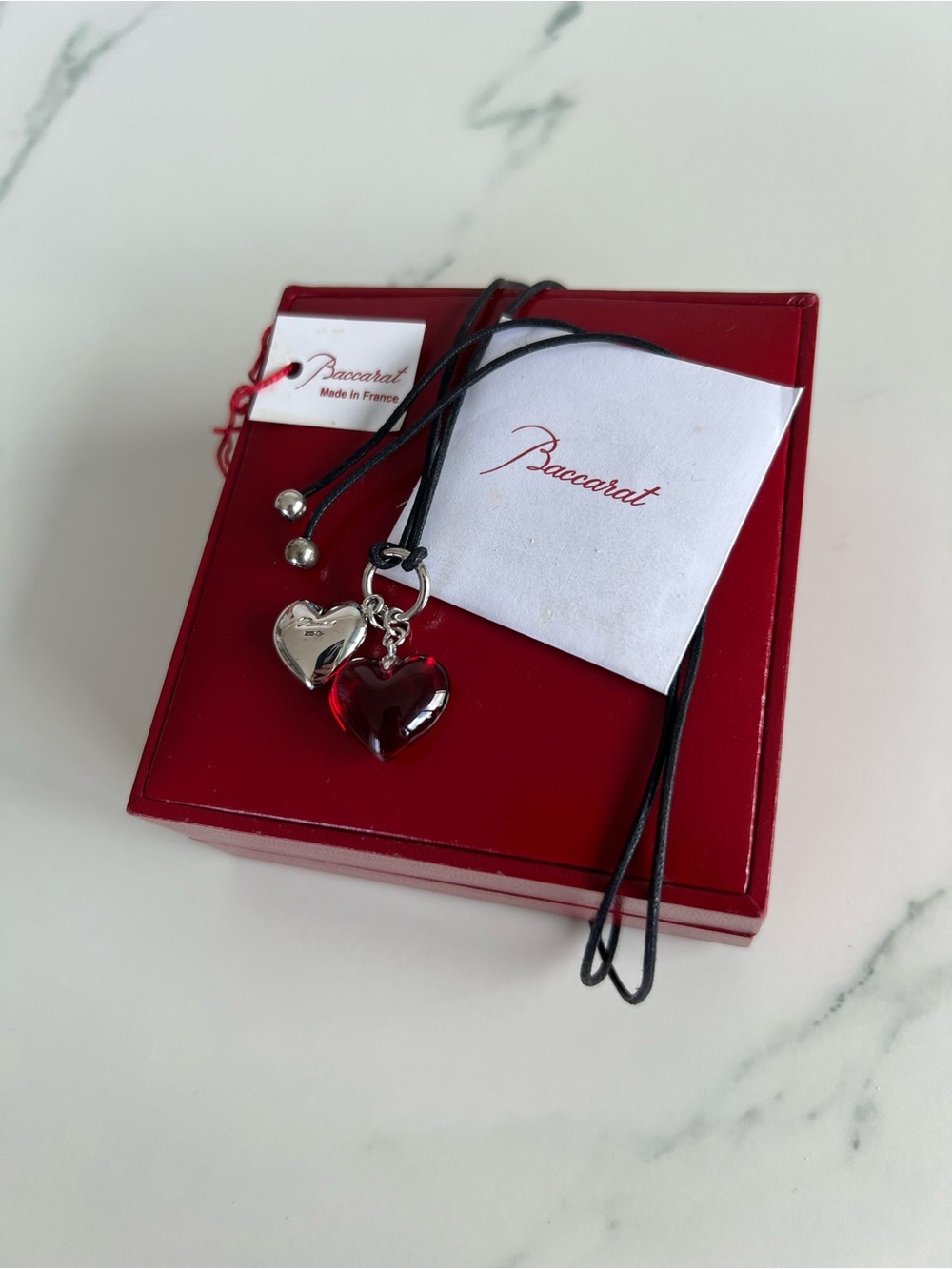 Baccarat Red Crystal and Silver Double Heart Pendant Necklace